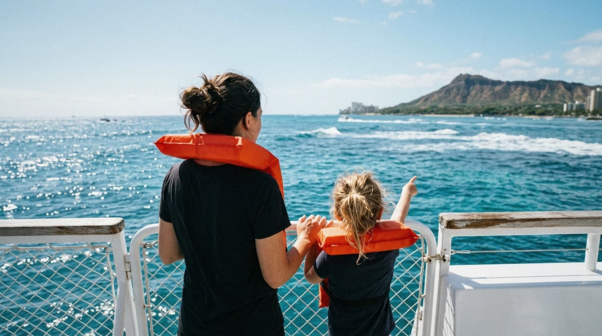 A child standing at the rail of a catamaran near Turtle Canyon during an Oahu boat tour with kids off Waikiki, Honolulu