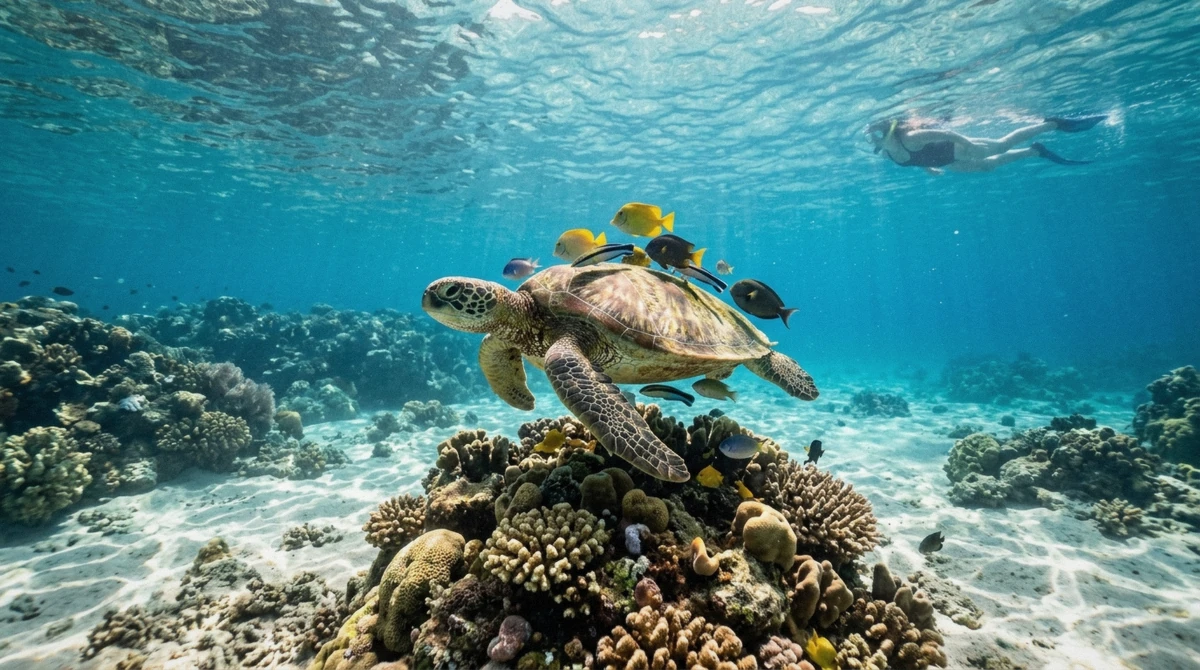 Green sea turtle at a reef cleaning station at Turtle Canyon during Oahu snorkeling off Waikiki, Hawaii