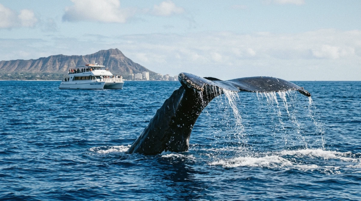 Humpback whale breaching off Waikiki during whale watching season in Oahu, Hawaii